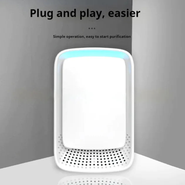 White air purifier with blue light on a gray background