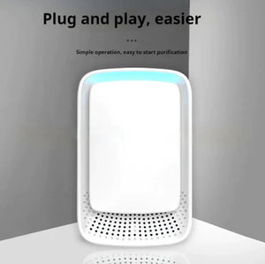 White air purifier with blue light on a gray background