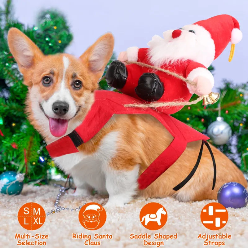 Pet Christmas Costume – Cute Santa Riding Outfit for Dogs & Cats | Winter Red Coat with Bell (S-M-L-XL)