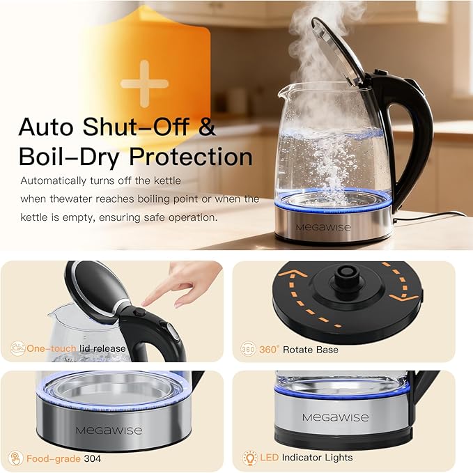 Electric Kettle – Glass Water Boiler with LED Light, Auto Shut-Off & Boil-Dry Protection