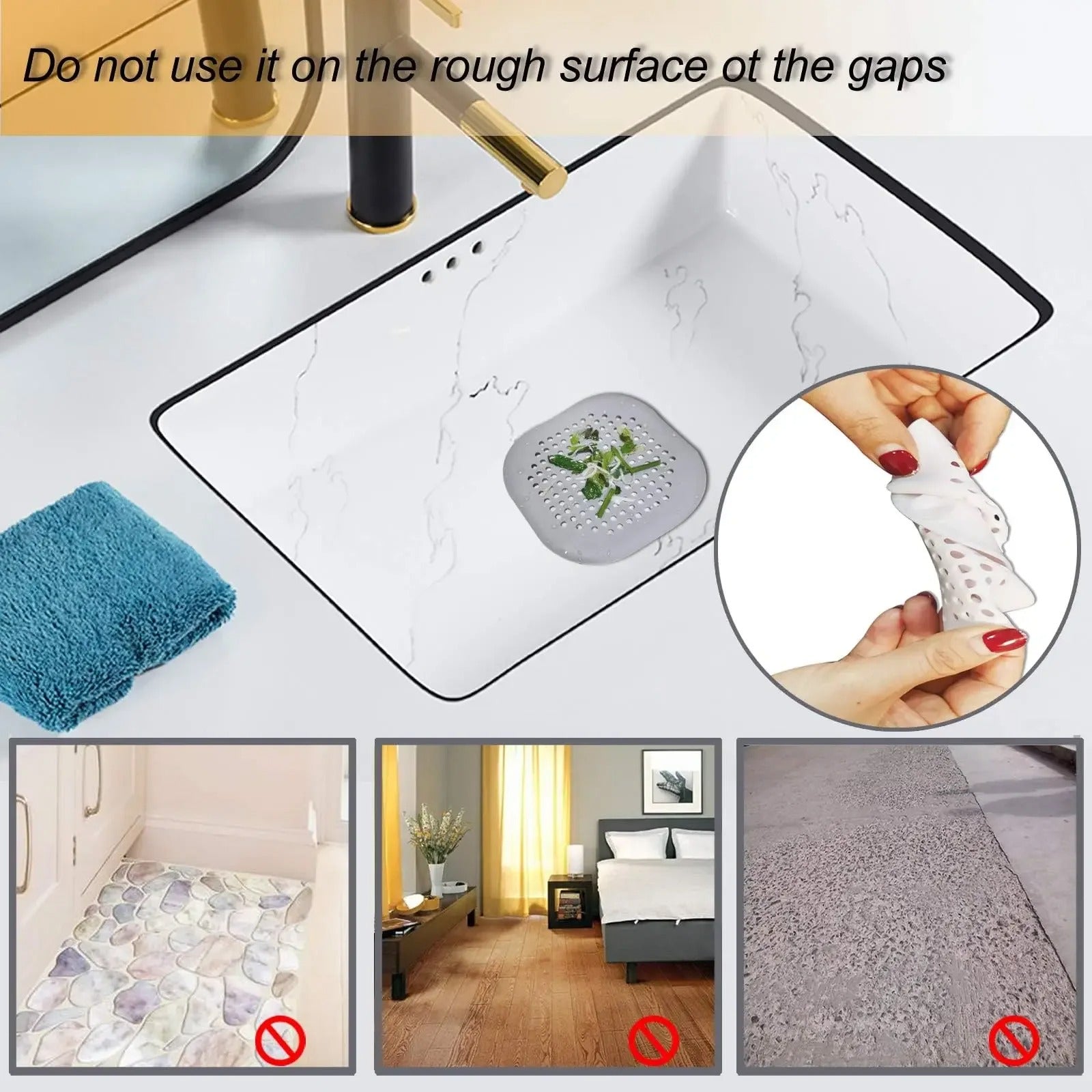 Collage of a cleaning tool, towel, and application on various surfaces with text warning about rough surfaces.