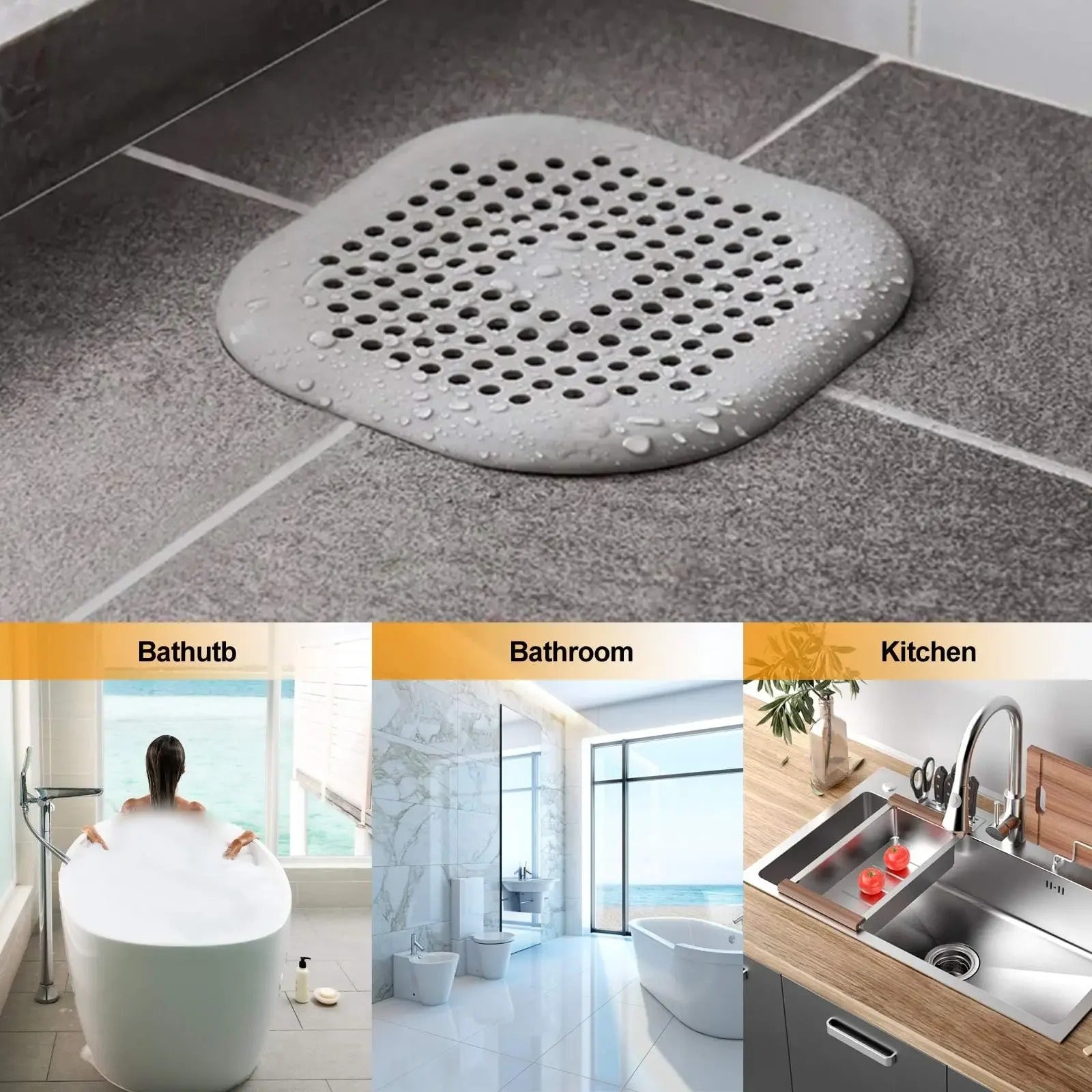Drain cover on a tiled floor with bathroom, bathtub, and kitchen images below.
