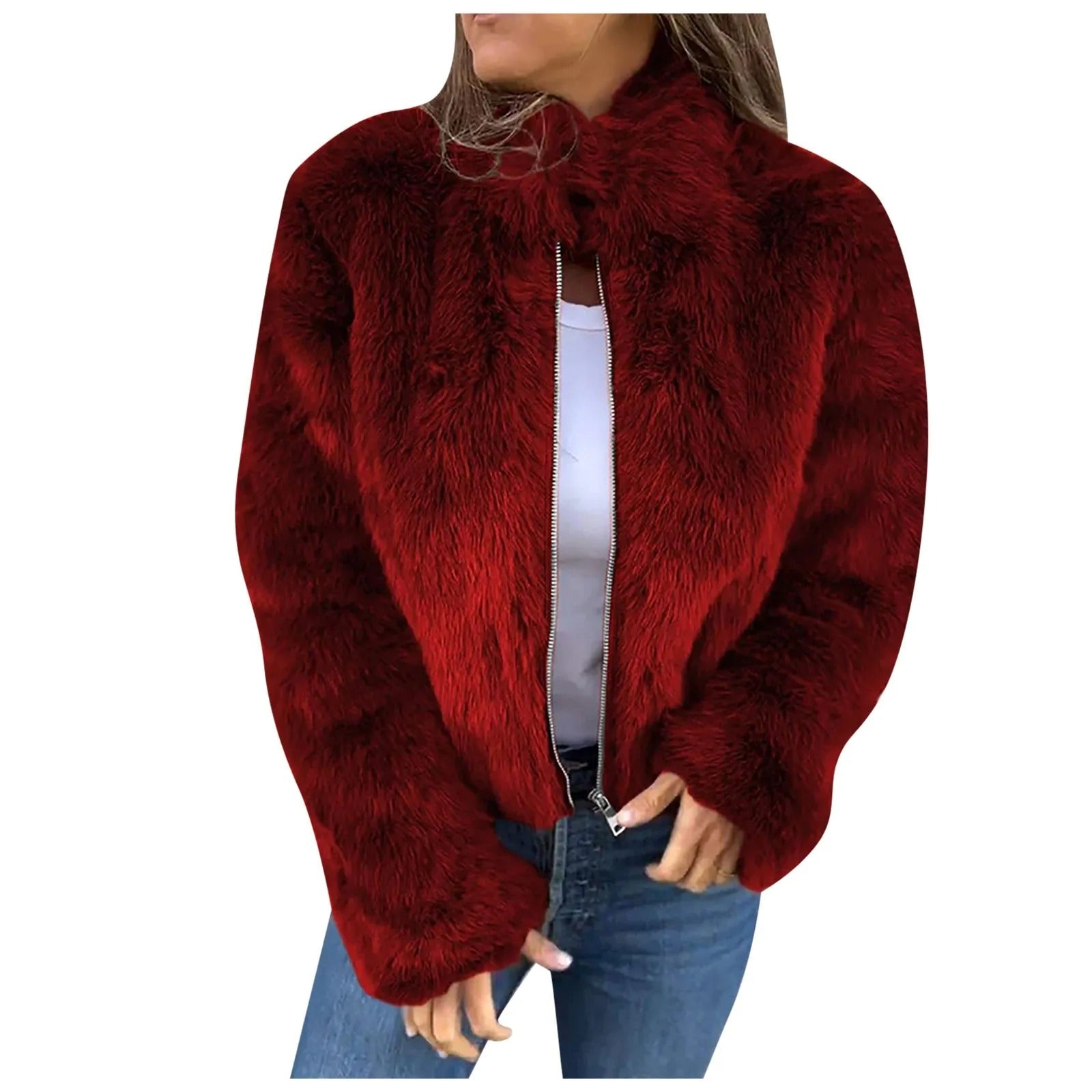 Fashion Stand Collar Plush Jacket Winter Casual Turtleneck Zipper Coat Fleece Tops Women's Clothing