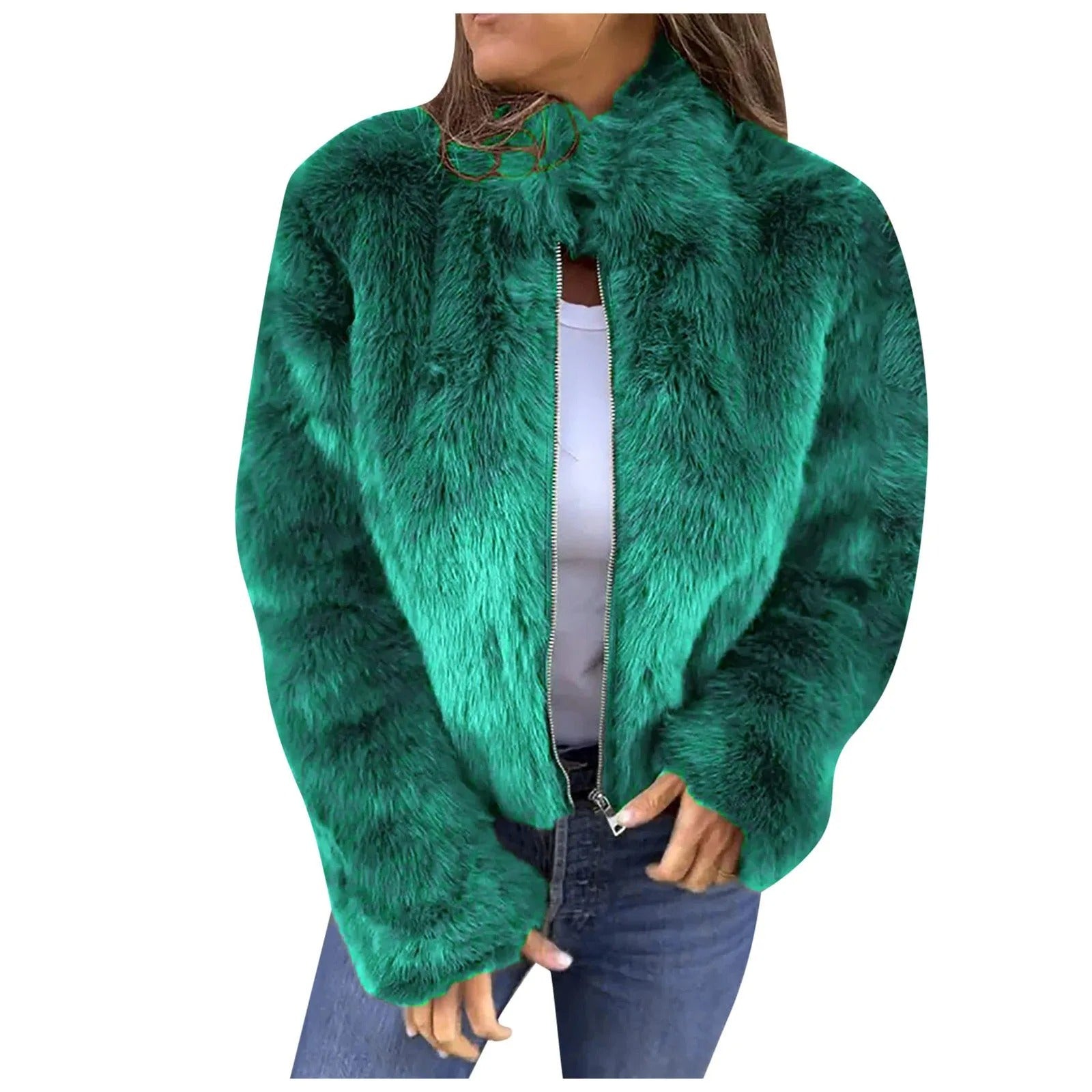 Fashion Stand Collar Plush Jacket Winter Casual Turtleneck Zipper Coat Fleece Tops Women's Clothing