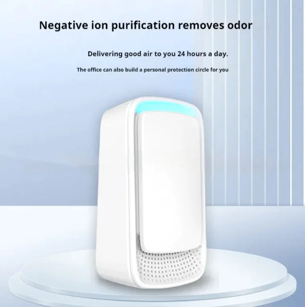 White air purifier on a light blue background with text about negative ion purification.
