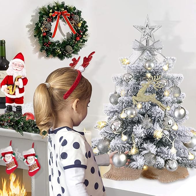 2ft Flocked Mini Christmas Tree with LED Lights – Elegant Tabletop Holiday Decor for Home & Office